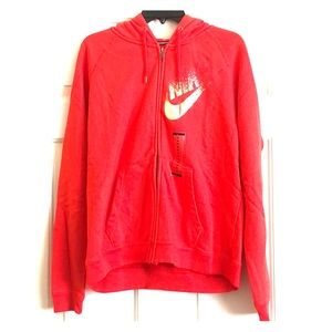 Red Nike Zip Up Sweater with Gold Detail Swoop